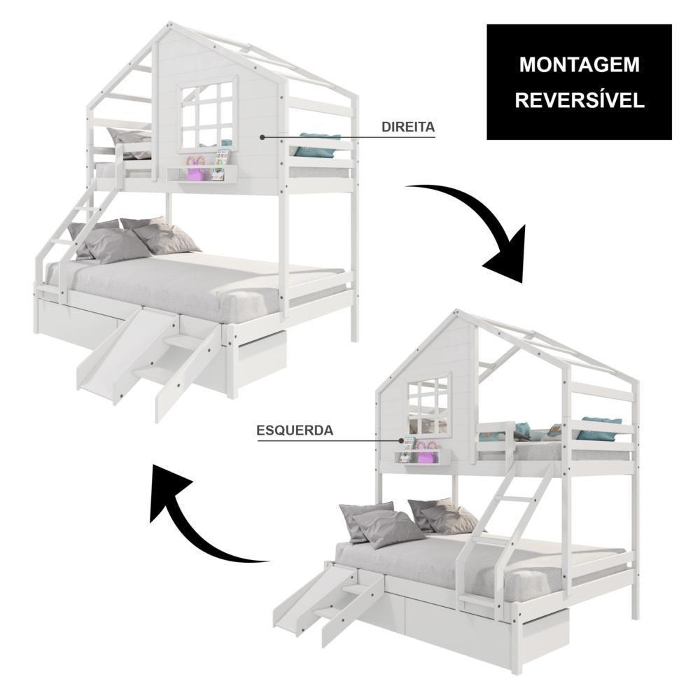 Beliche Casinha Com Janela Casal/Solteiro Com 02 Gavetas E Kit Escada/escorregador Madeira Maciça Branco Housin - 3