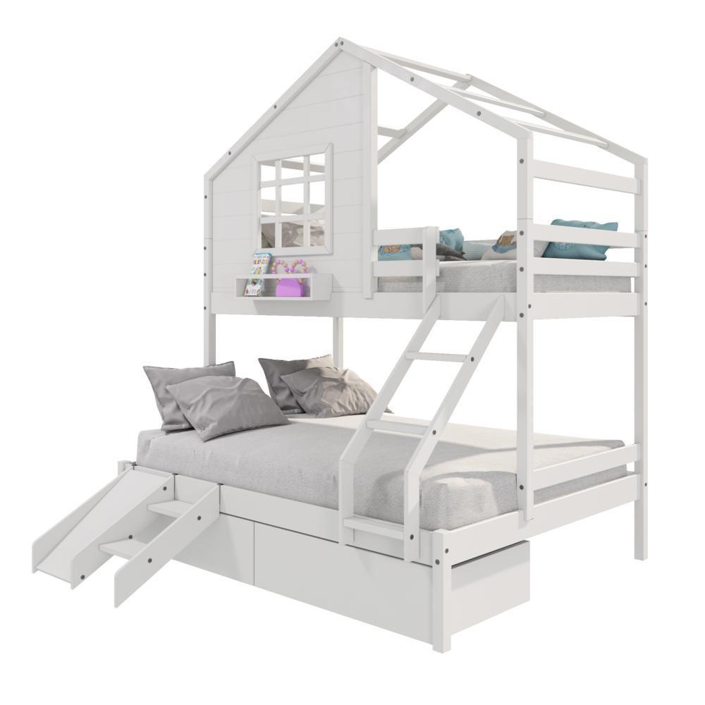 Beliche Casinha Com Janela Casal/Solteiro Com 02 Gavetas E Kit Escada/escorregador Madeira Maciça Branco Housin - 4