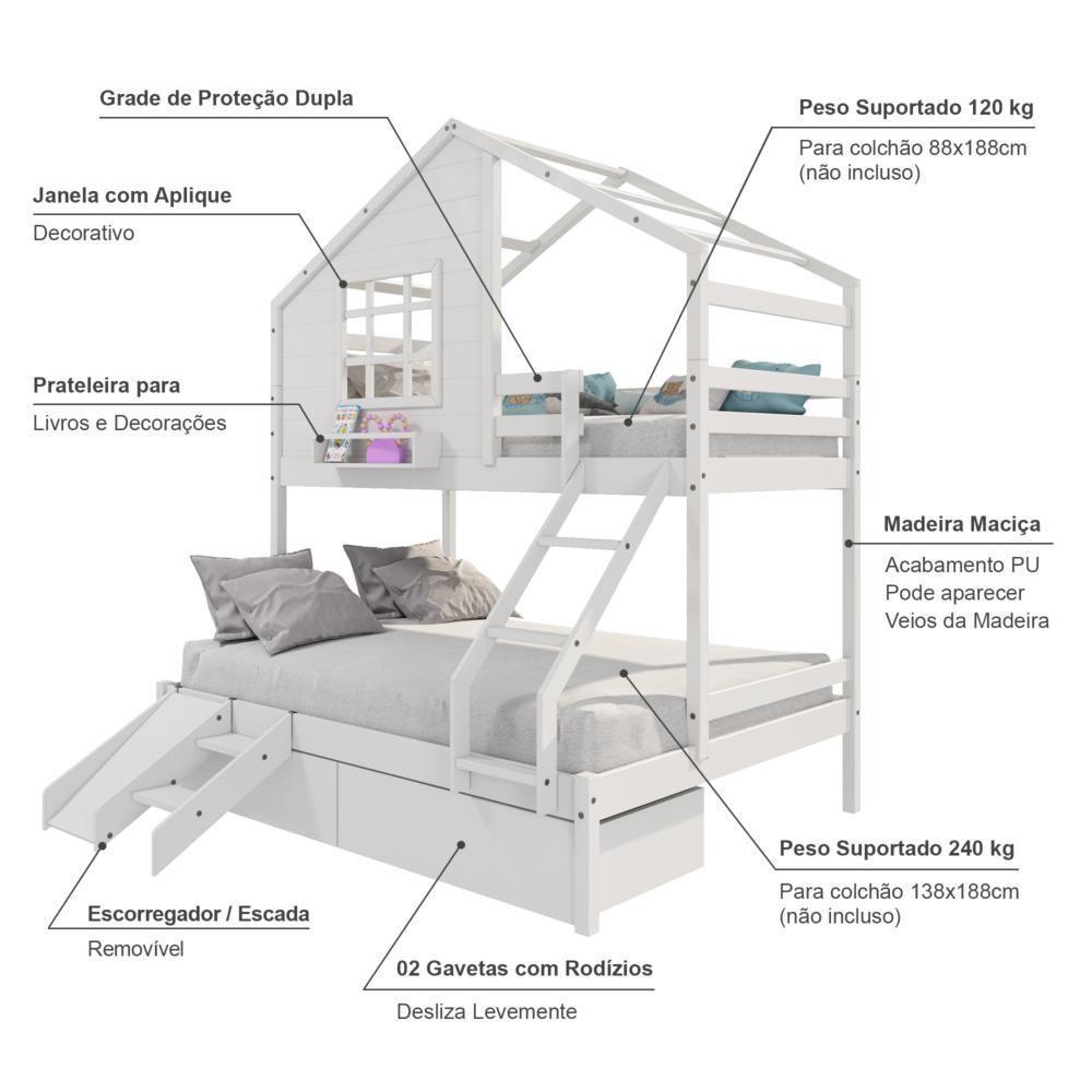 Beliche Casinha Com Janela Casal/Solteiro Com 02 Gavetas E Kit Escada/escorregador Madeira Maciça Branco Housin - 5