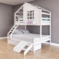 Beliche Casinha Com Janela Casal/Solteiro Com 02 Gavetas E Kit Escada/escorregador Madeira Maciça Branco Housin - 1