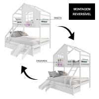 Beliche Casinha Com Janela Casal/Solteiro Com 02 Gavetas E Kit Escada/escorregador Madeira Maciça Branco Housin - 3