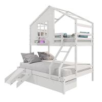 Beliche Casinha Com Janela Casal/Solteiro Com 02 Gavetas E Kit Escada/escorregador Madeira Maciça Branco Housin