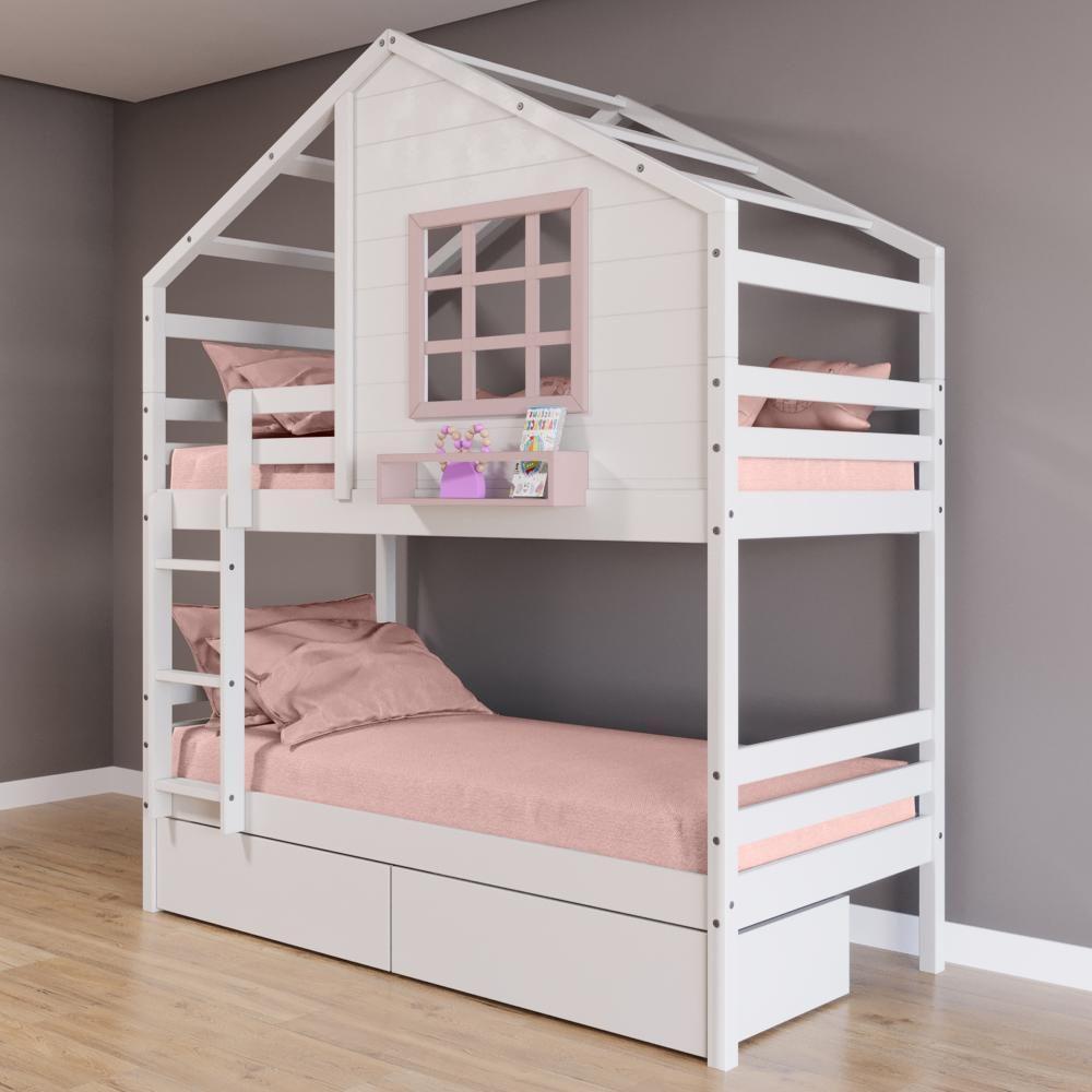 Beliche Casinha Com Janela E 02 Gavetas Madeira Maciça Branco- Rosa Housin - 1