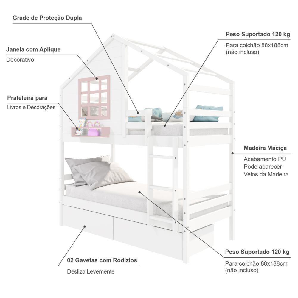 Beliche Casinha Com Janela E 02 Gavetas Madeira Maciça Branco- Rosa Housin - 5