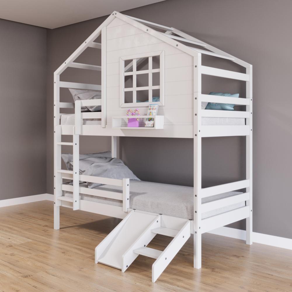 Beliche Casinha Com Janela Com Escada/escorregador E Grade De Proteção Madeira Maciça Branco Housin - 1