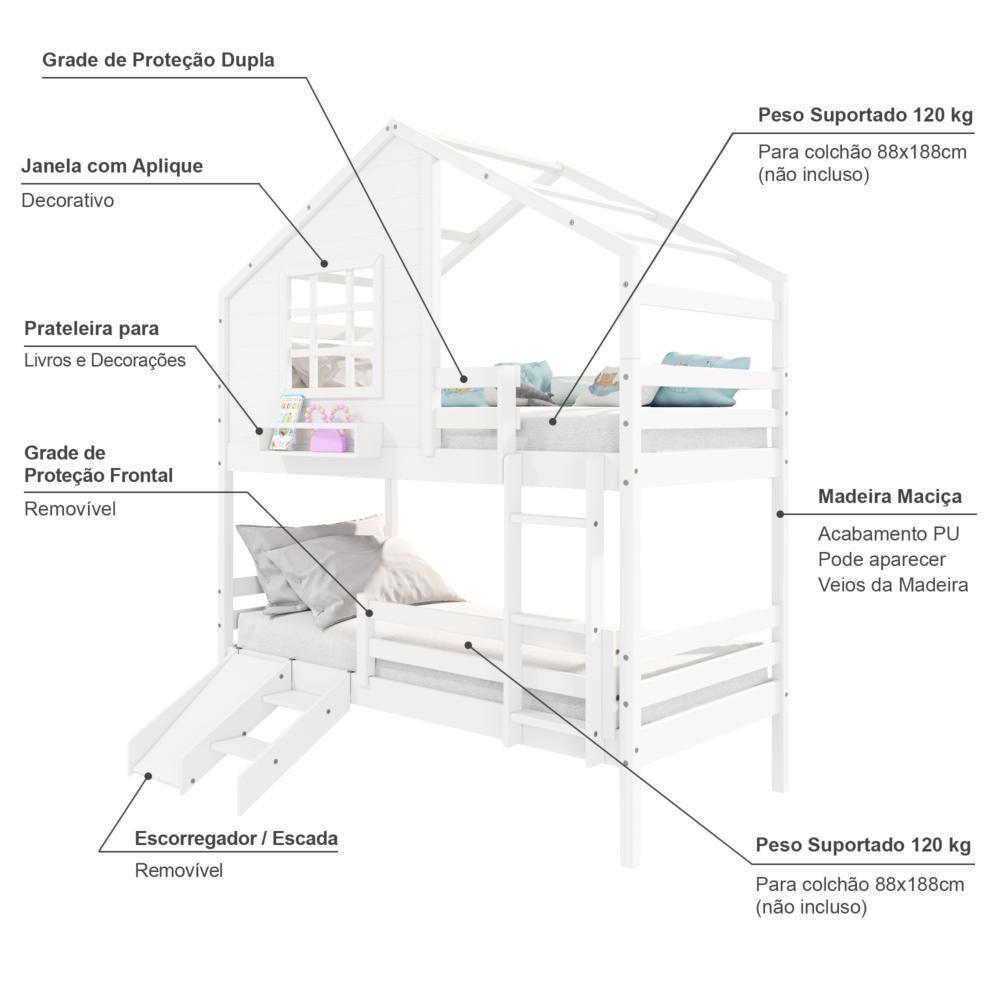 Beliche Casinha Com Janela Com Escada/escorregador E Grade De Proteção Madeira Maciça Branco Housin - 3