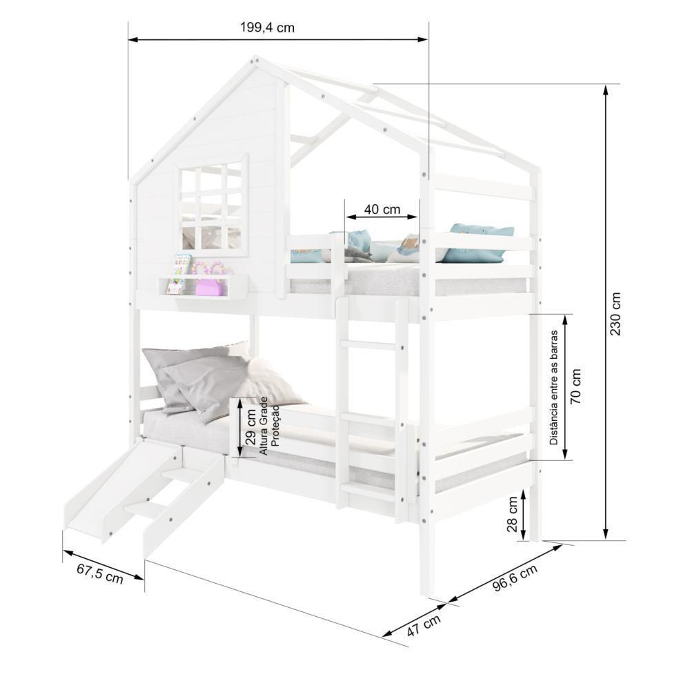 Beliche Casinha Com Janela Com Escada/escorregador E Grade De Proteção Madeira Maciça Branco Housin - 5