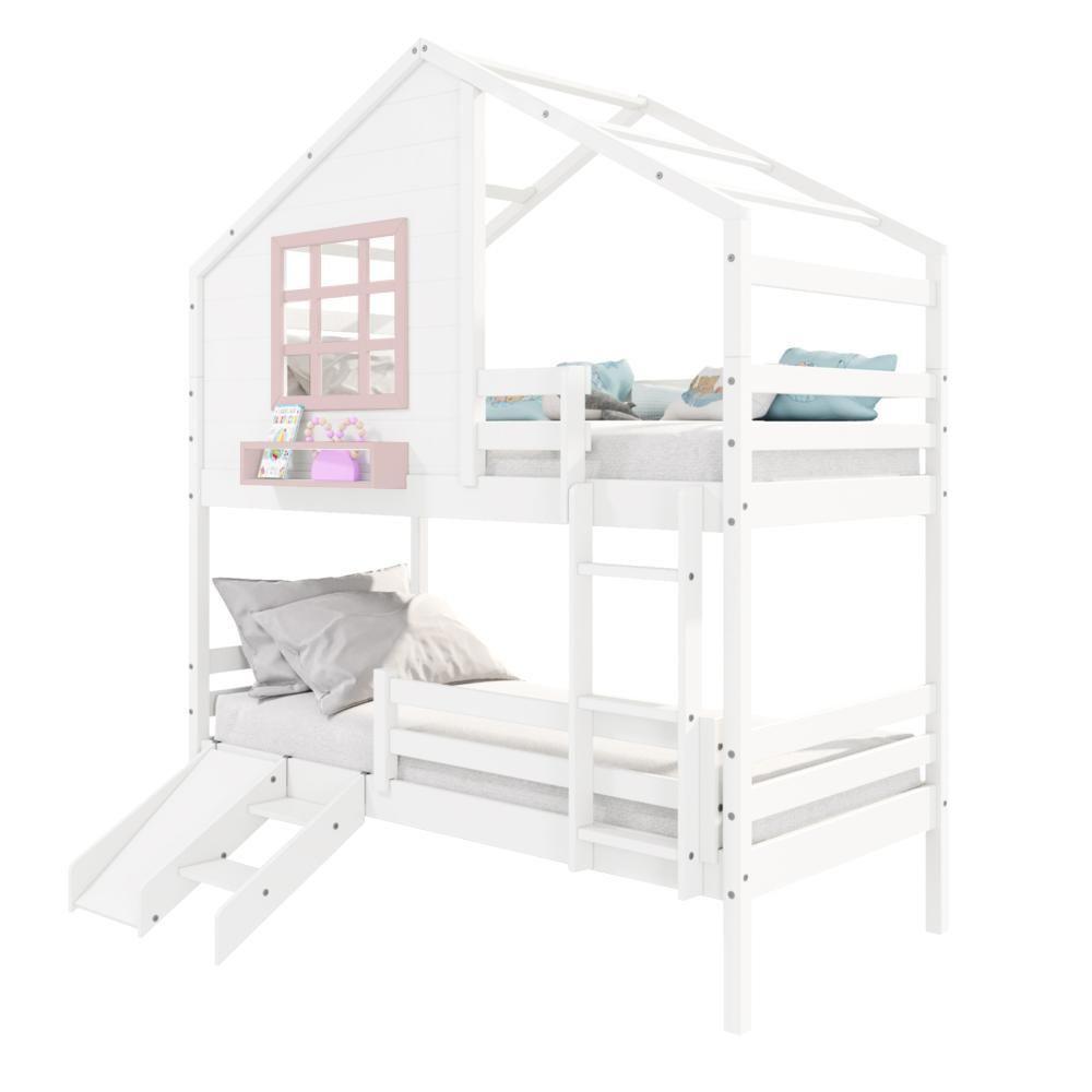 Beliche Casinha Com Janela Com Escada- Escorregador E Grade De Proteção Madeira Branco- Rosa - 2