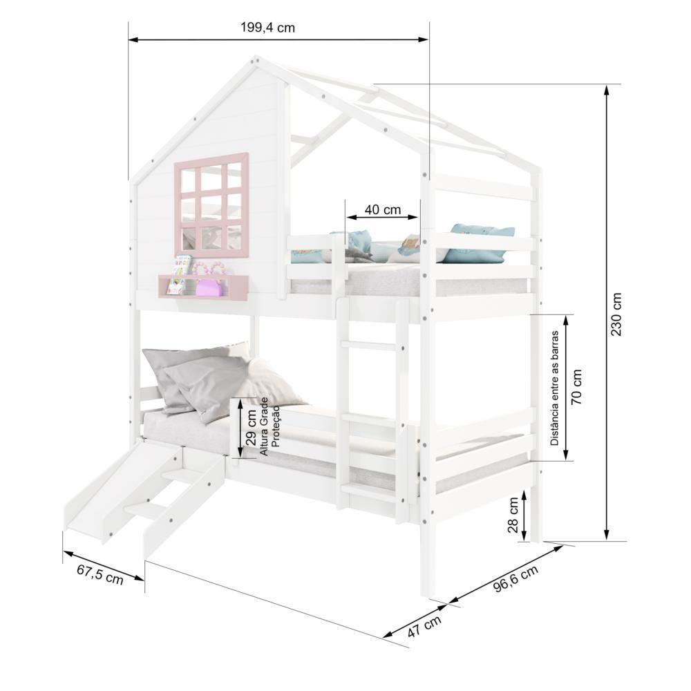 Beliche Casinha Com Janela Com Escada- Escorregador E Grade De Proteção Madeira Branco- Rosa - 4