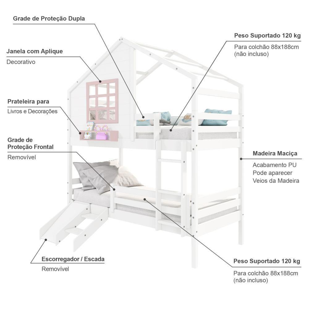 Beliche Casinha Com Janela Com Escada- Escorregador E Grade De Proteção Madeira Branco- Rosa - 5