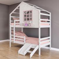 Beliche Casinha Com Janela Com Escada- Escorregador E Grade De Proteção Madeira Branco- Rosa - 1