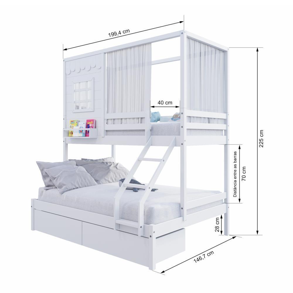 Beliche Casinha Reta Casal- Solteiro Com 02 Gavetas E Cortina Madeira Maciça Branco Housin - 6