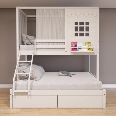 Beliche Casinha Reta Casal- Solteiro Com 02 Gavetas E Cortina Madeira Maciça Branco Housin