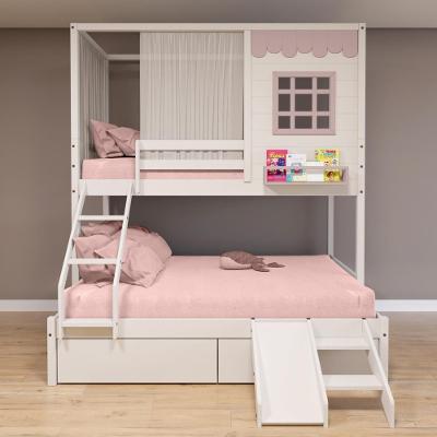 Beliche Casinha Reta Casal- Solteiro Com 02 Gavetas Escorregador E Cortina Madeira Branco- Rosa