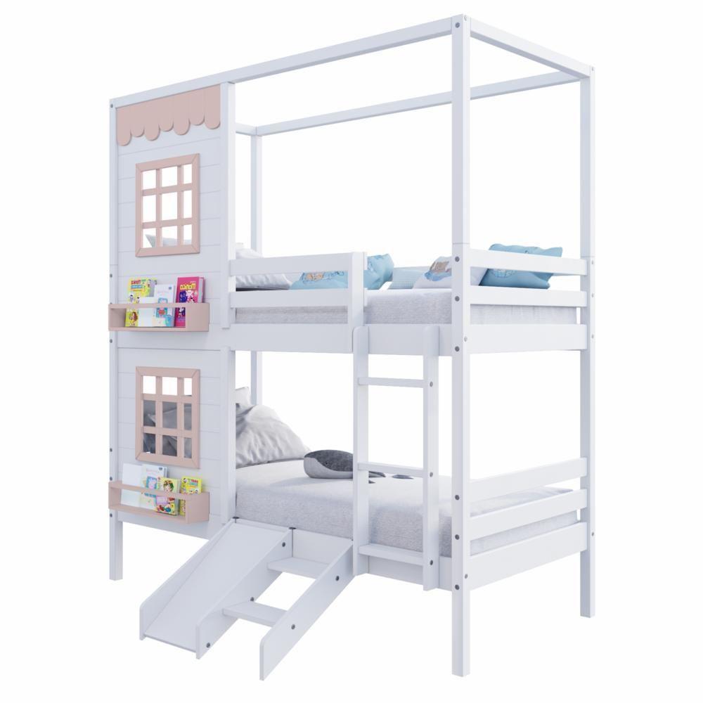 Beliche Casinha Reta Com 02 Janelas E Escorregador Madeira Maciça Branco/ Rosa Housin - 3