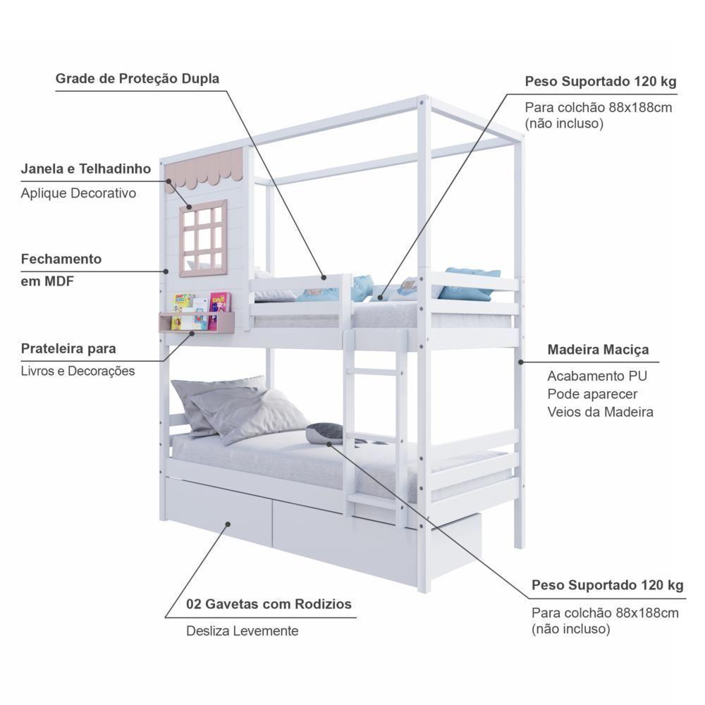 Beliche Casinha Reta Com 02 Gavetas Madeira Maciça Branco/ Rosa Housin - 5
