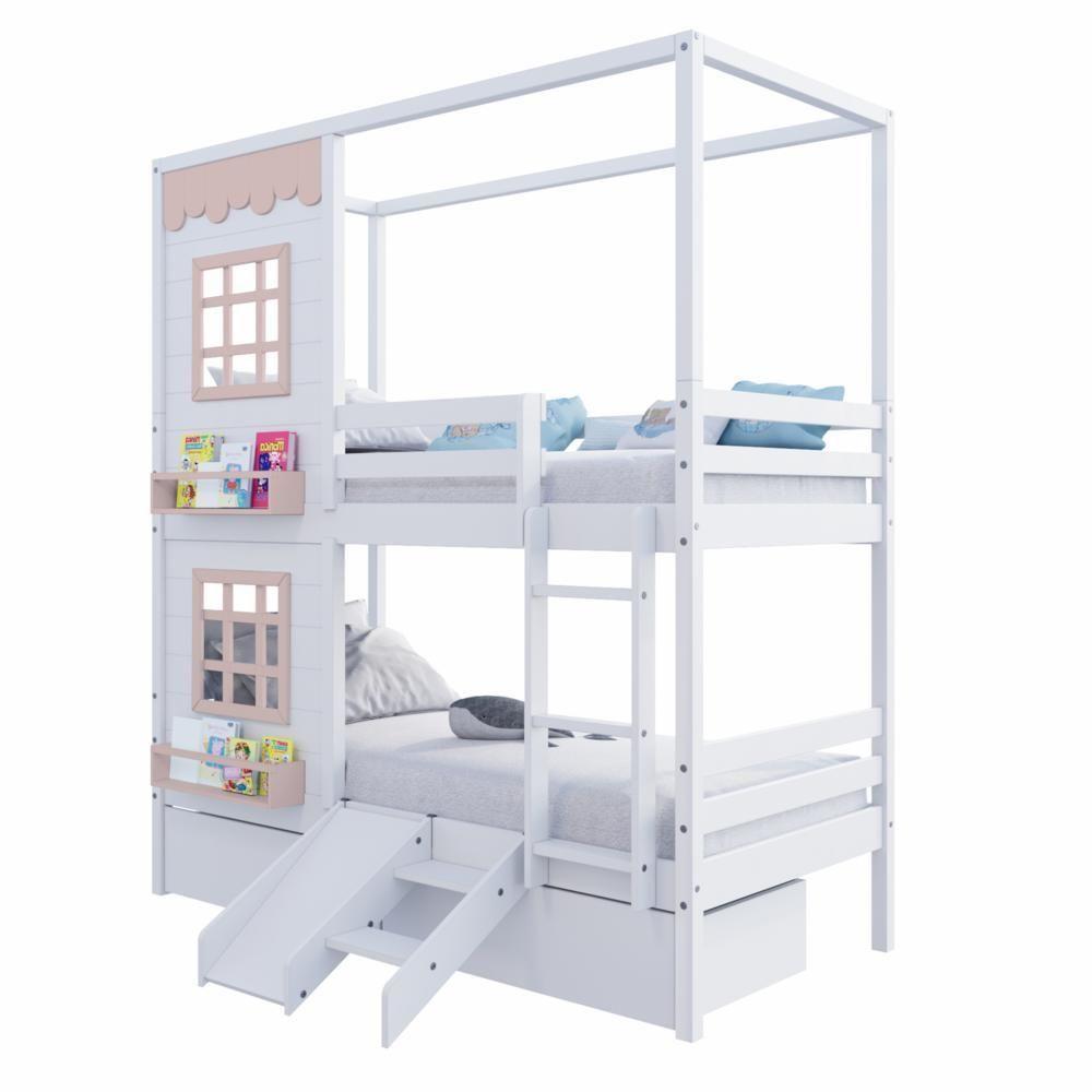 Beliche Casinha Reta Com 02 Janelas 02 Gavetas E Escorregador Madeira Maciça Branco/ Rosa Housin - 3