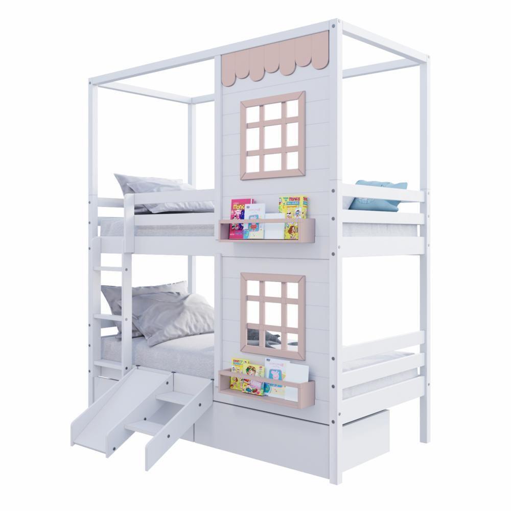 Beliche Casinha Reta Com 02 Janelas 02 Gavetas E Escorregador Madeira Maciça Branco/ Rosa Housin - 6