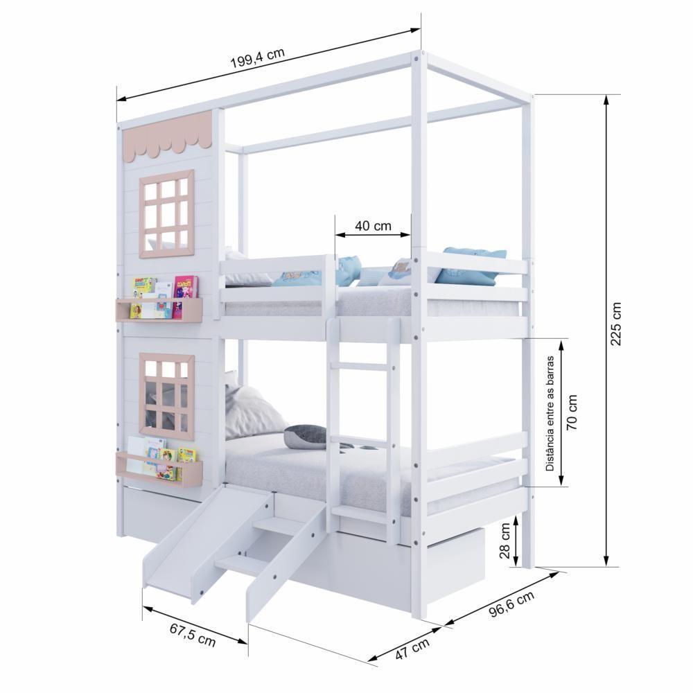 Beliche Casinha Reta Com 02 Janelas 02 Gavetas E Escorregador Madeira Maciça Branco/ Rosa Housin - 7