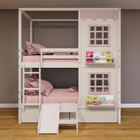 Beliche Casinha Reta Com 02 Janelas 02 Gavetas E Escorregador Madeira Maciça Branco/ Rosa Housin - 1