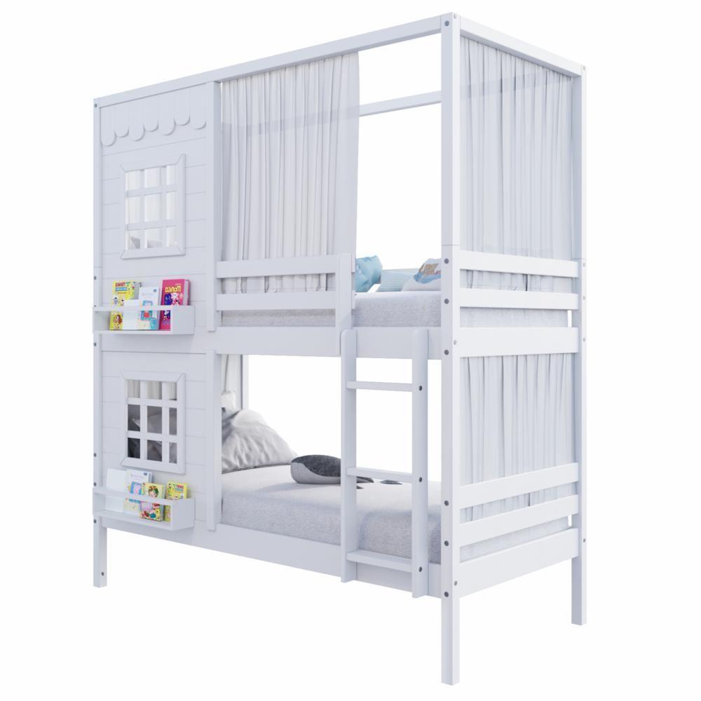 Beliche Casinha Reta Com 02 Janelas E Cortina Madeira Maciça Branco Housin - 3