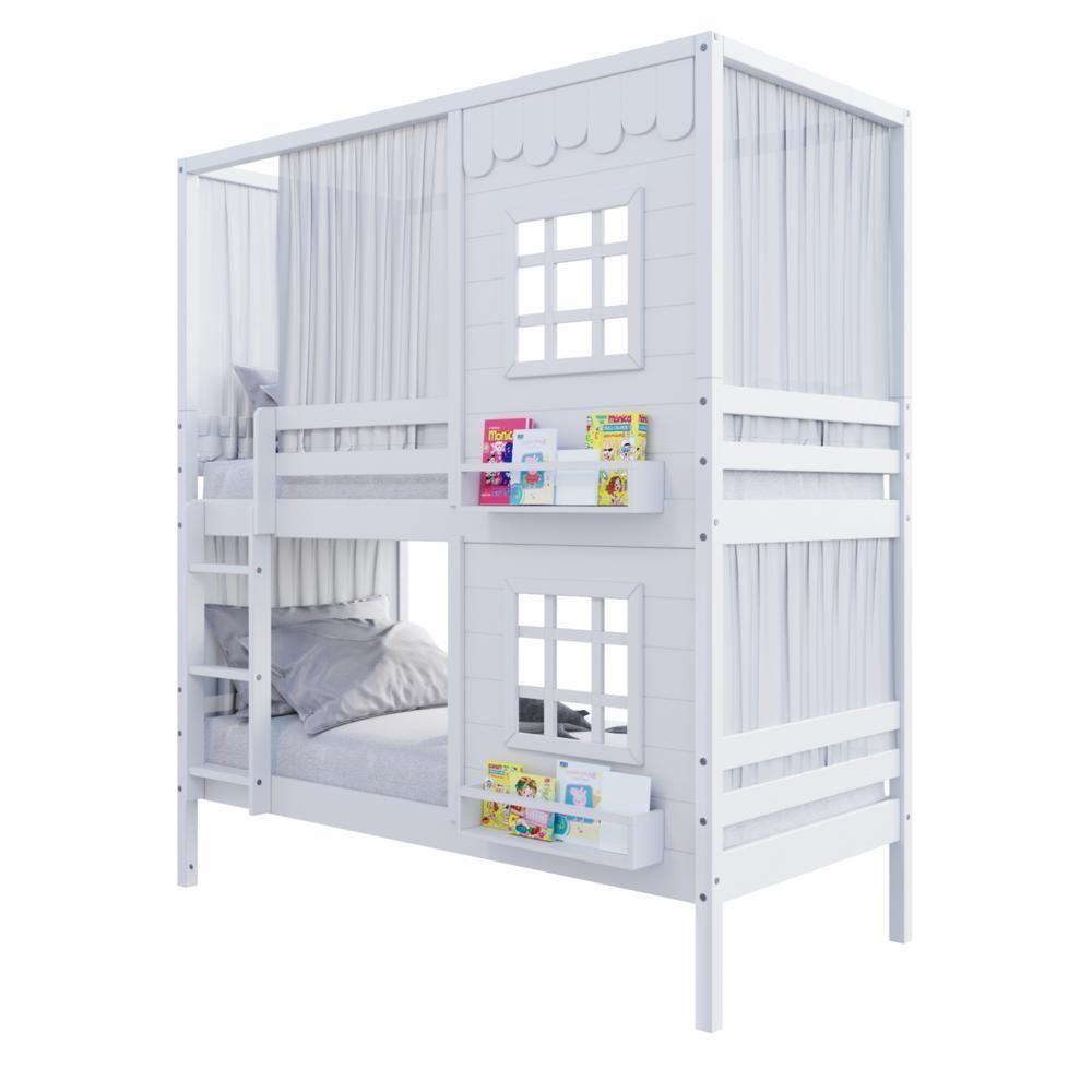 Beliche Casinha Reta Com 02 Janelas E Cortina Madeira Maciça Branco Housin - 6