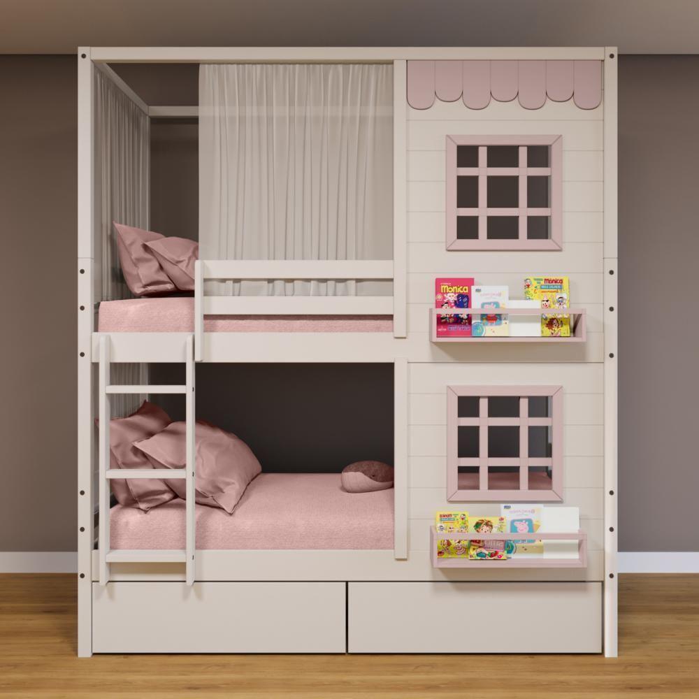 Beliche Casinha Reta Com 02 Janelas 02 Gavetas E Cortina Madeira Maciça Branco/ Rosa Housin - 1