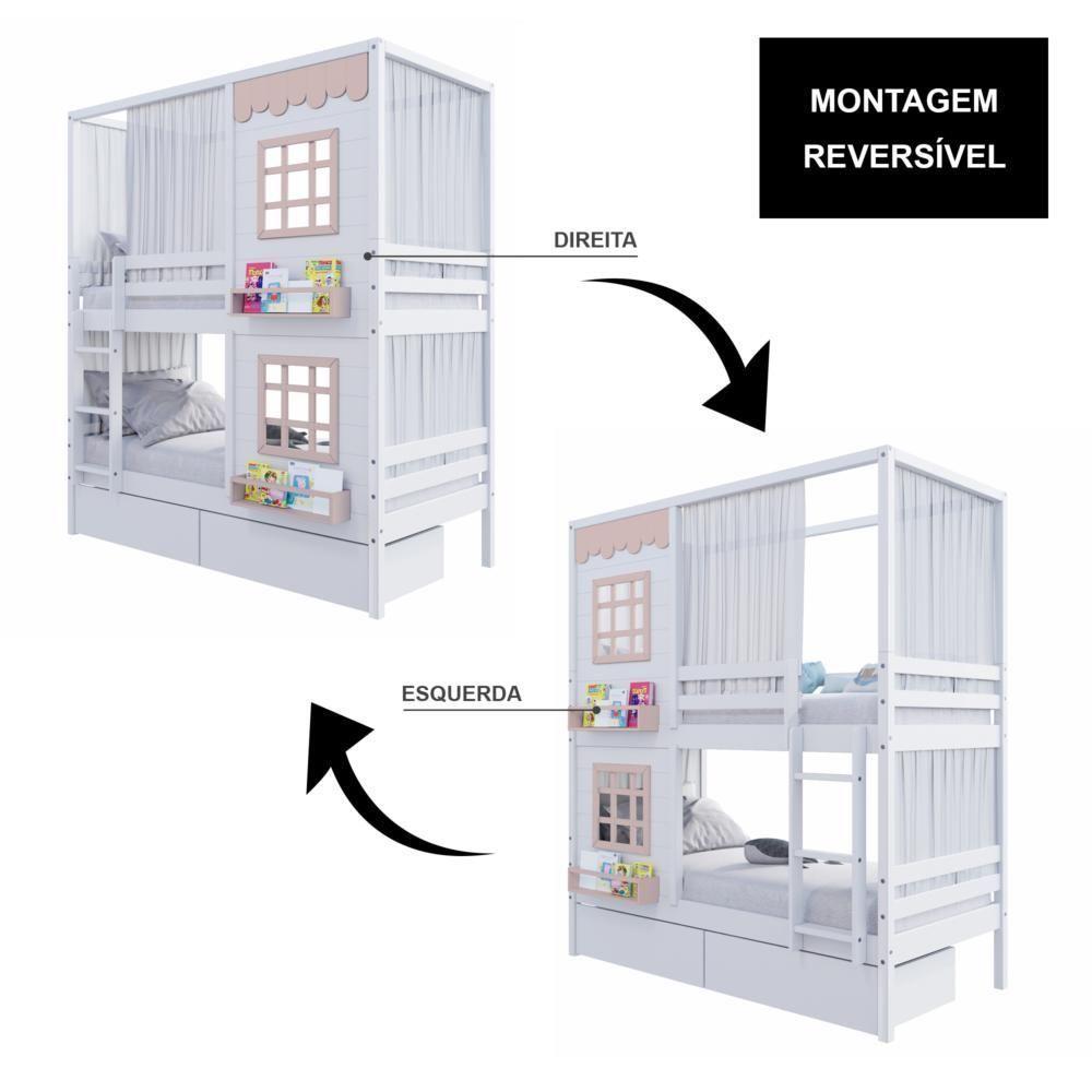 Beliche Casinha Reta Com 02 Janelas 02 Gavetas E Cortina Madeira Maciça Branco/ Rosa Housin - 2