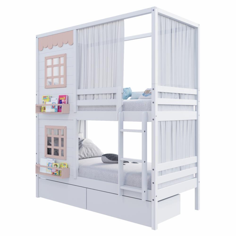 Beliche Casinha Reta Com 02 Janelas 02 Gavetas E Cortina Madeira Maciça Branco/ Rosa Housin - 3