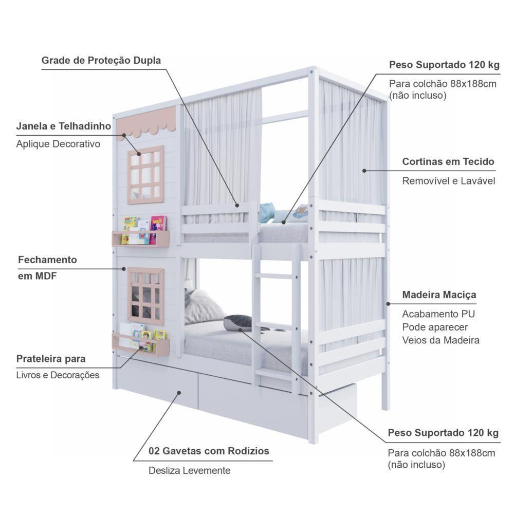Beliche Casinha Reta Com 02 Janelas 02 Gavetas E Cortina Madeira Maciça Branco/ Rosa Housin - 5