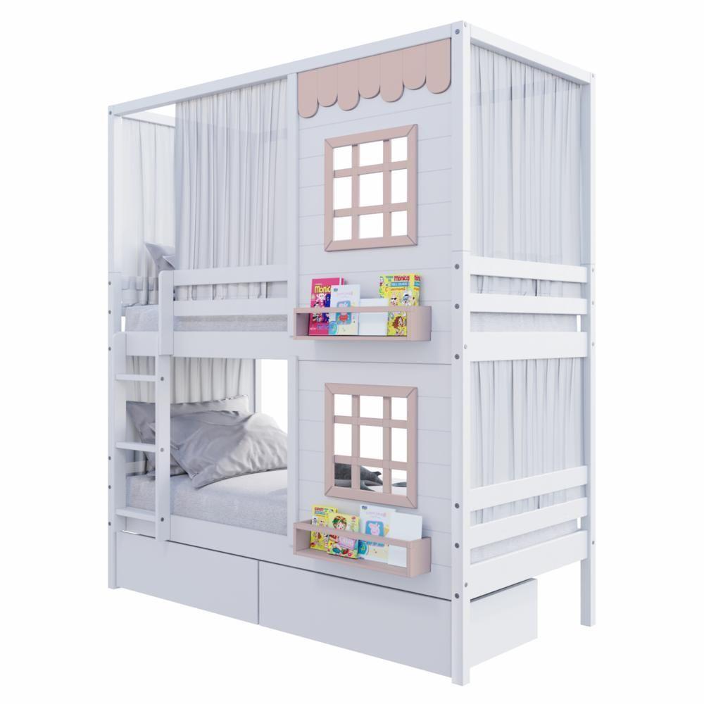 Beliche Casinha Reta Com 02 Janelas 02 Gavetas E Cortina Madeira Maciça Branco/ Rosa Housin - 6