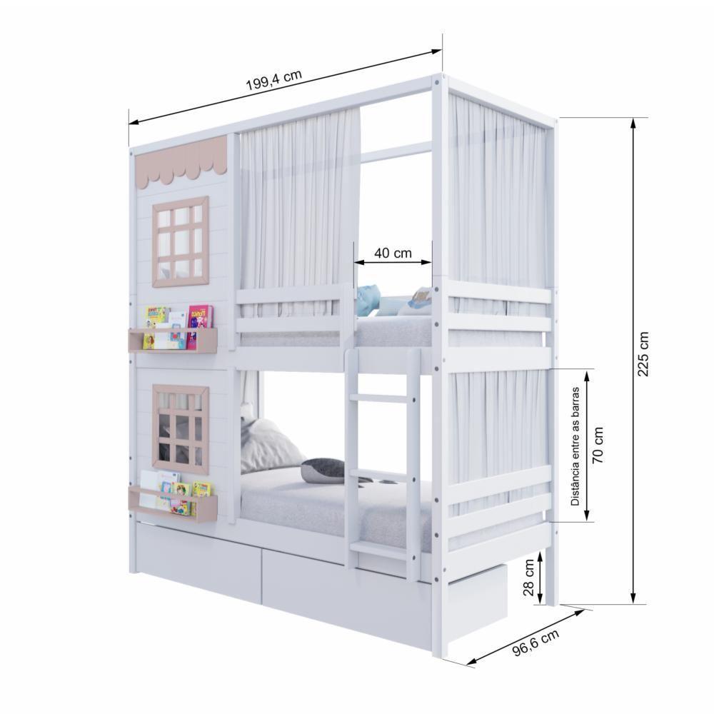 Beliche Casinha Reta Com 02 Janelas 02 Gavetas E Cortina Madeira Maciça Branco/ Rosa Housin - 7