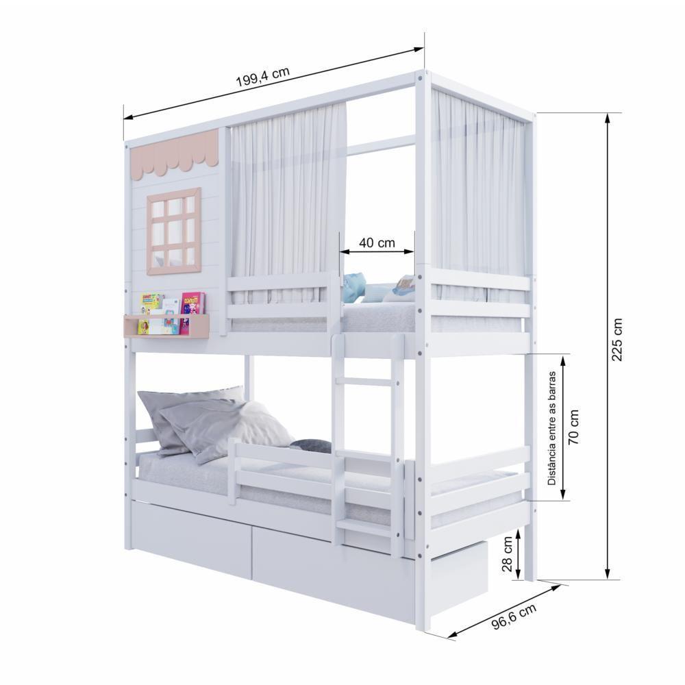Beliche Casinha Reta Com 02 Gavetas Grade Removível E Cortina Madeira Maciça Branco/ Rosa Housin - 7