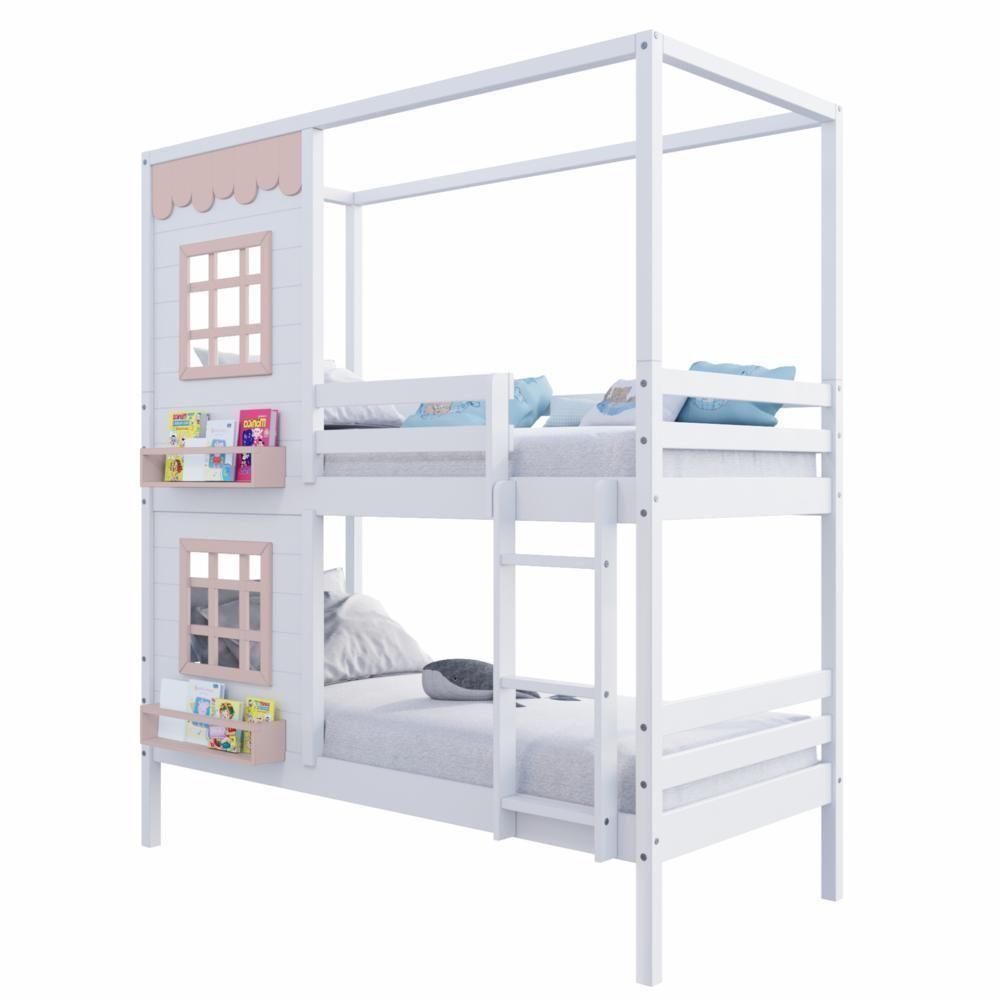 Beliche Casinha Reta Com 02 Janelas Madeira Maciça Branco/ Rosa Housin - 2