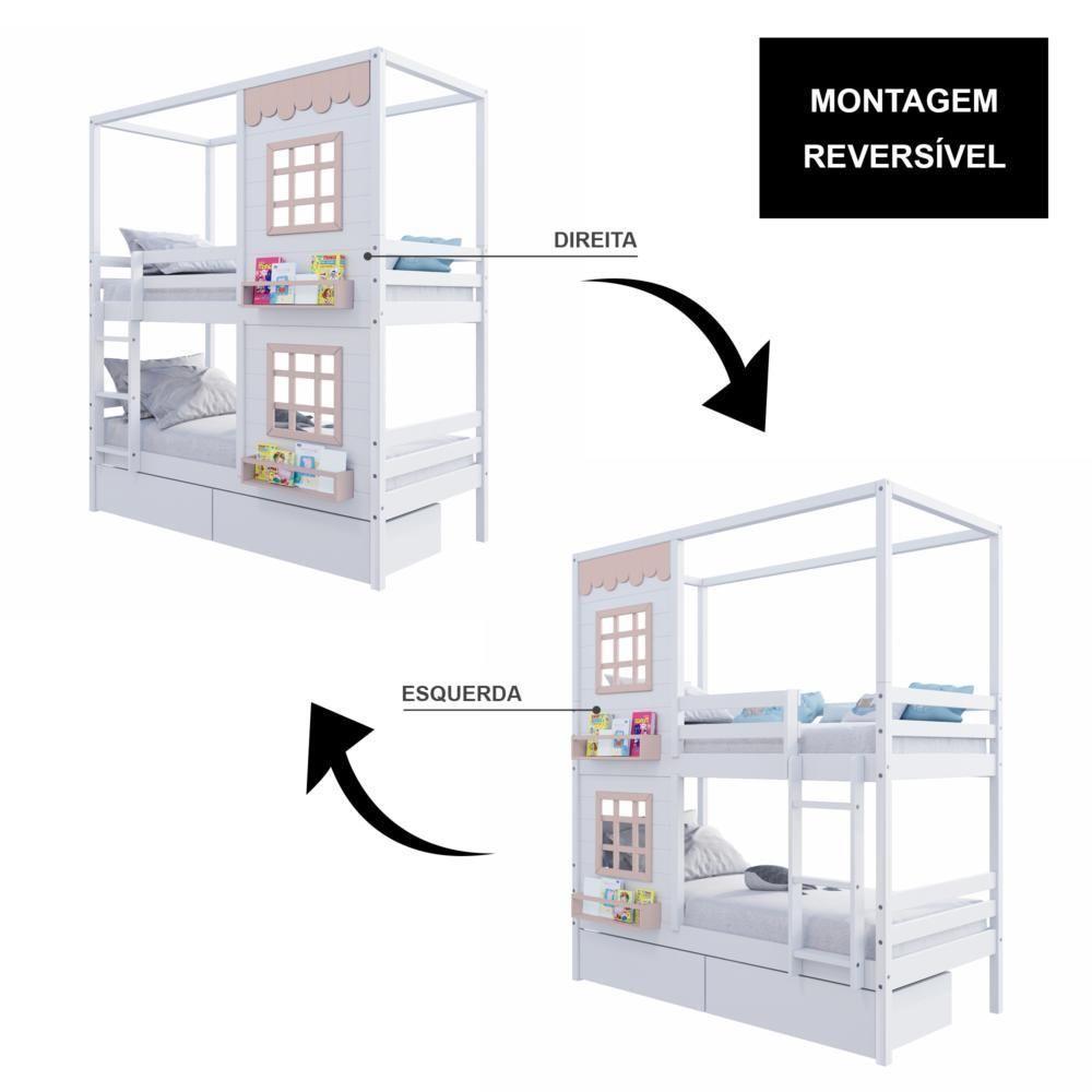 Beliche Casinha Reta Com 02 Janelas E 02 Gavetas Madeira Maciça Branco/ Rosa Housin - 2