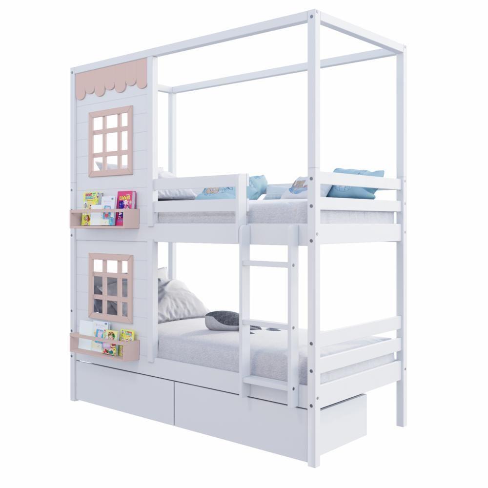 Beliche Casinha Reta Com 02 Janelas E 02 Gavetas Madeira Maciça Branco/ Rosa Housin - 3