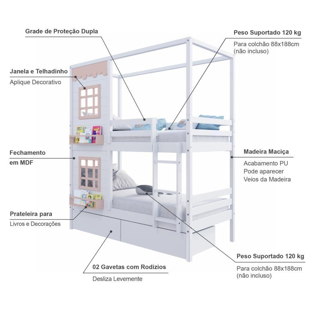 Beliche Casinha Reta Com 02 Janelas E 02 Gavetas Madeira Maciça Branco/ Rosa Housin - 5