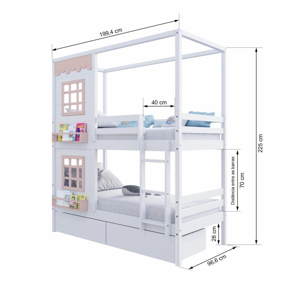 Beliche Casinha Reta Com 02 Janelas E 02 Gavetas Madeira Maciça Branco/ Rosa Housin - 7