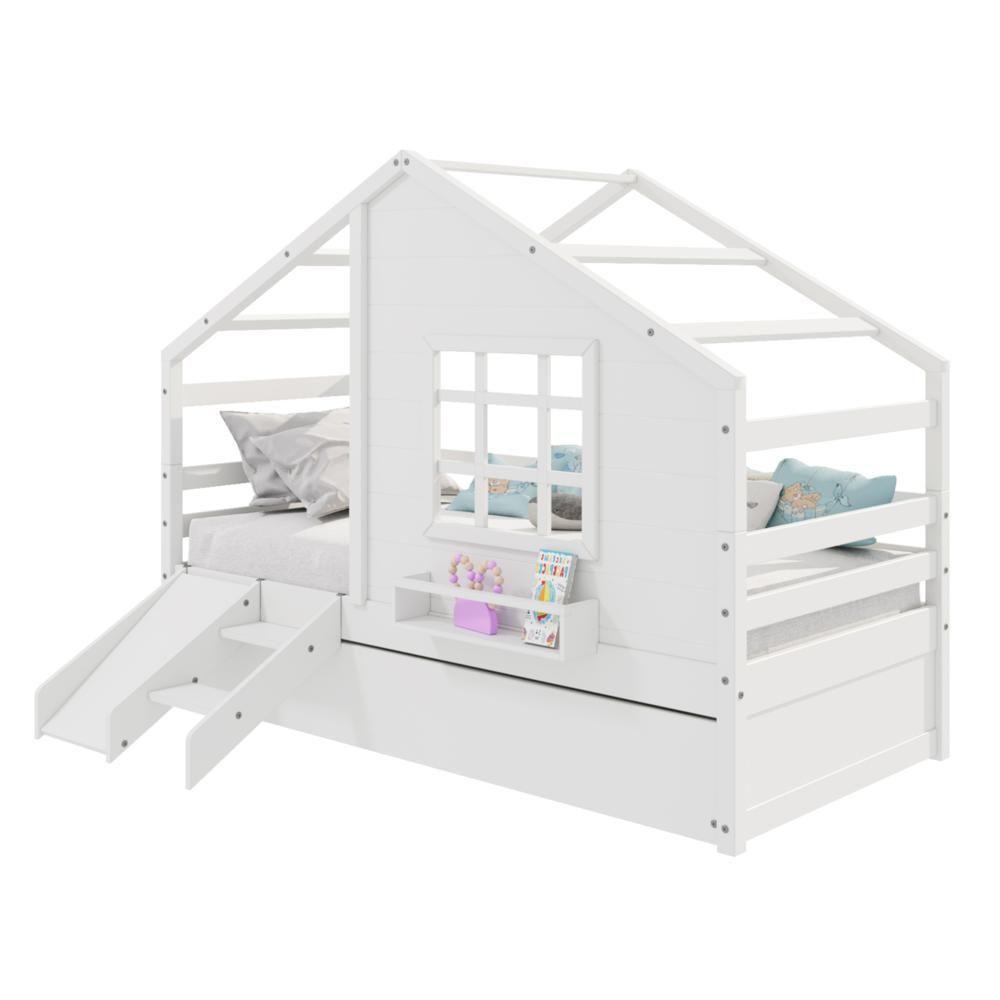 Bicama Casinha Com Janela Com Escada/escorregador Madeira Maciça Branco Housin - 3