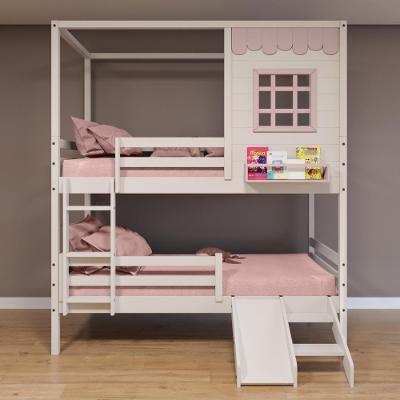 Beliche Casinha Reta Com Grade Removível E Escorregador Madeira Maciça Branco- Rosa Housin