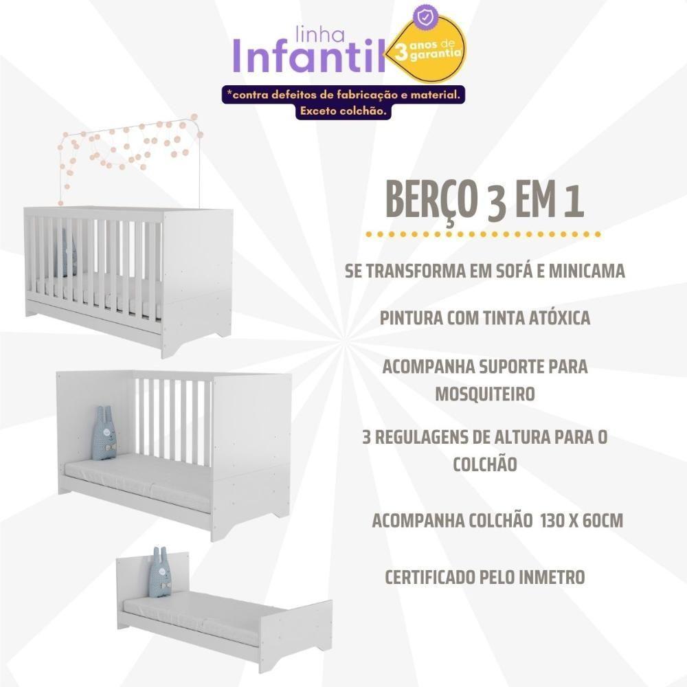 Berço 3 Em 1 Com Colchão Incluso Pipoca Multimóveis Bb0527c Branco - 6