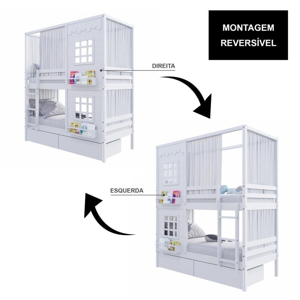 Beliche Casinha Reta Com 02 Janelas 02 Gavetas E Cortina Madeira Maciça Branco Housin - 2