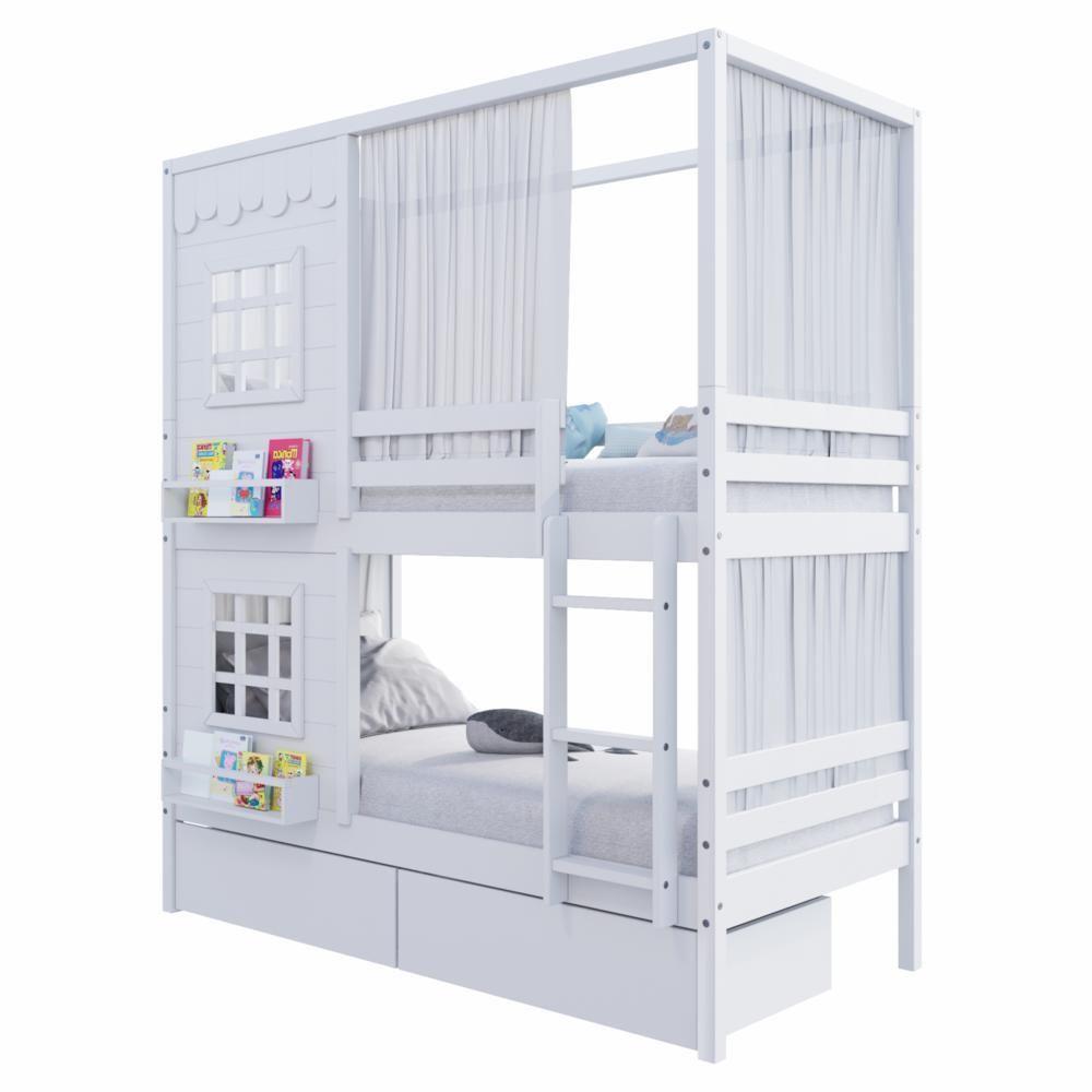 Beliche Casinha Reta Com 02 Janelas 02 Gavetas E Cortina Madeira Maciça Branco Housin - 3