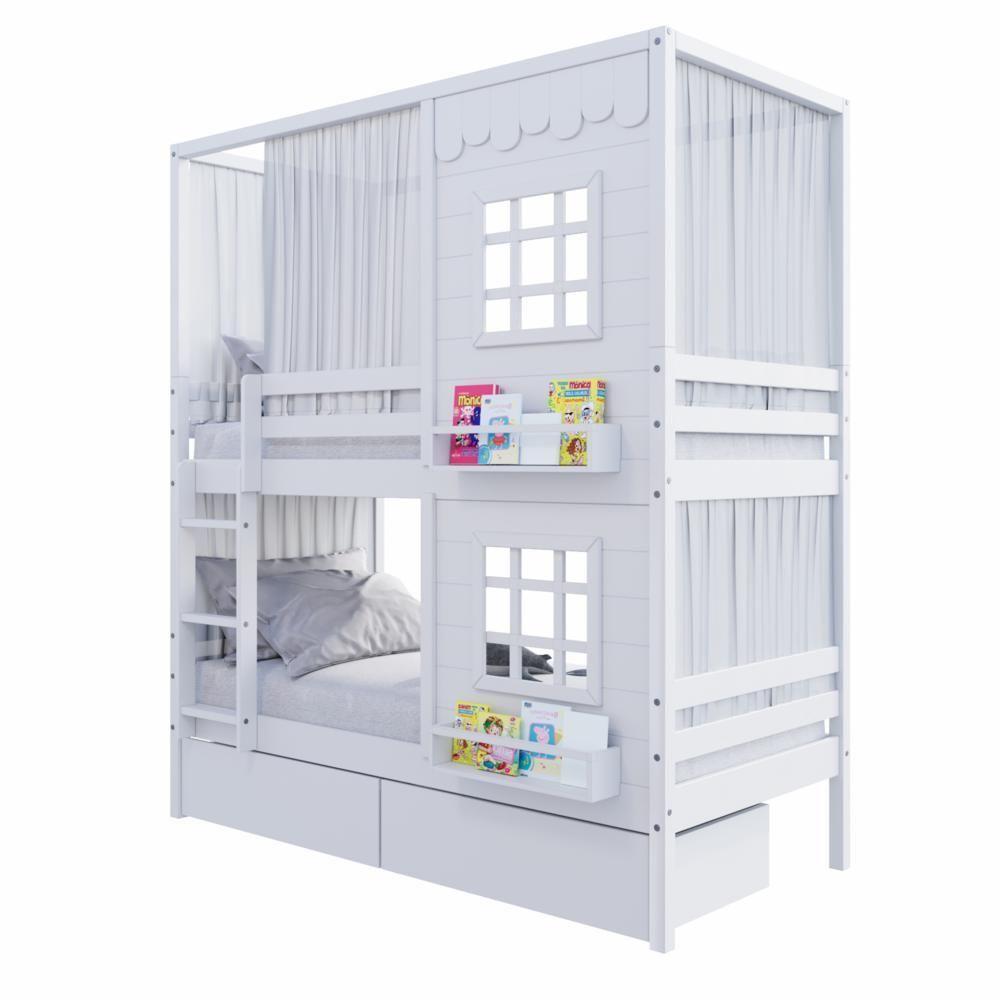 Beliche Casinha Reta Com 02 Janelas 02 Gavetas E Cortina Madeira Maciça Branco Housin - 6