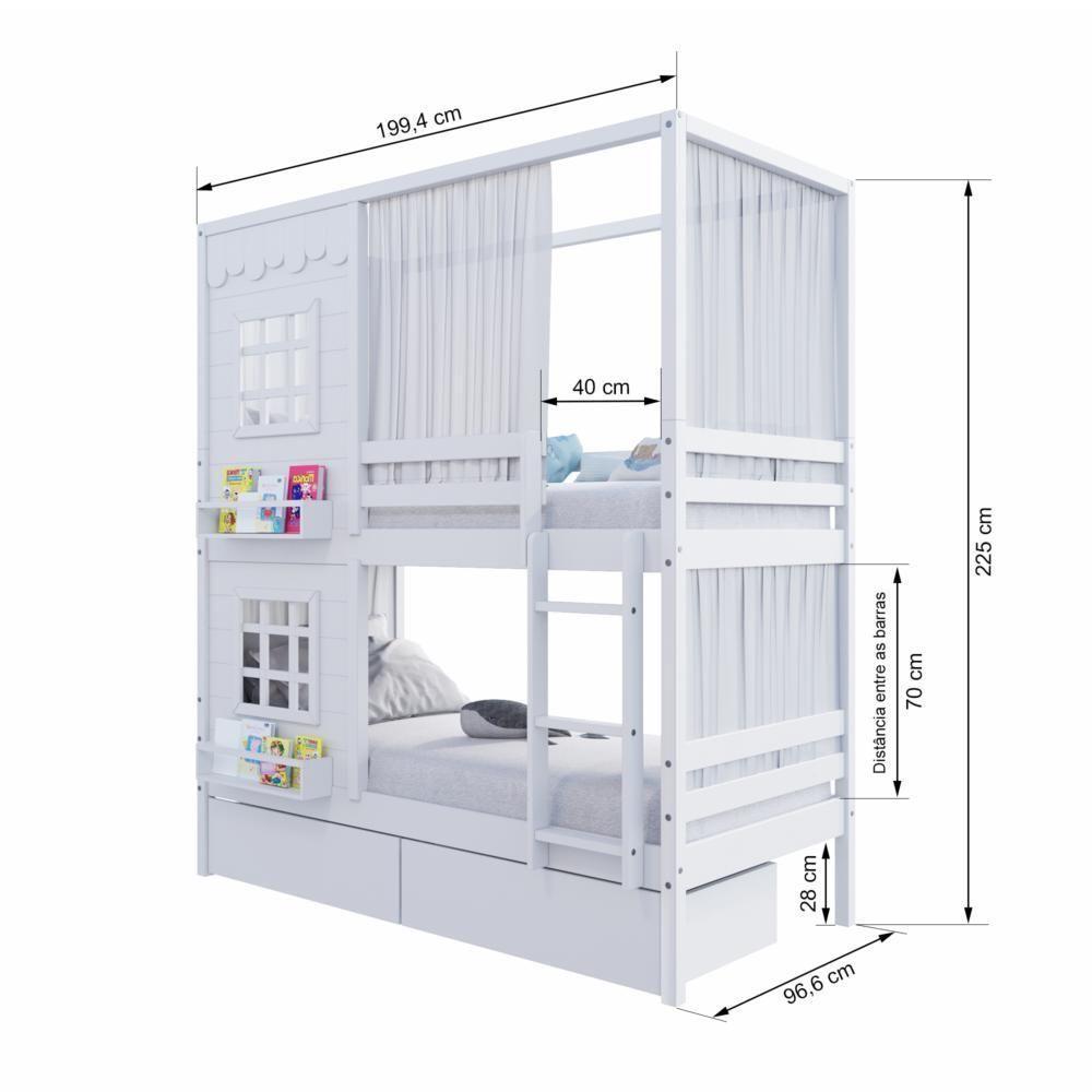 Beliche Casinha Reta Com 02 Janelas 02 Gavetas E Cortina Madeira Maciça Branco Housin - 7