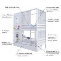 Beliche Casinha Reta Com 02 Janelas 02 Gavetas E Cortina Madeira Maciça Branco Housin - 5