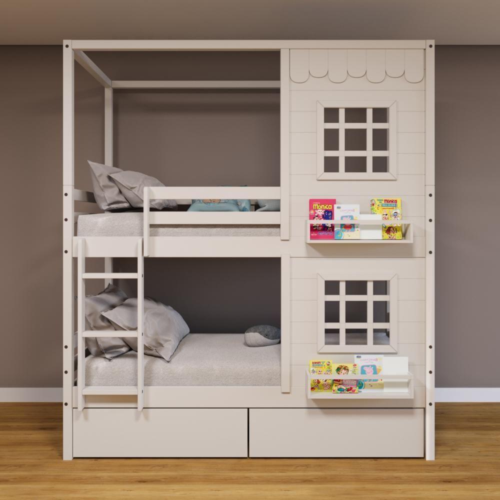 Beliche Casinha Reta Com 02 Janelas E 02 Gavetas Madeira Maciça Branco Housin - 1