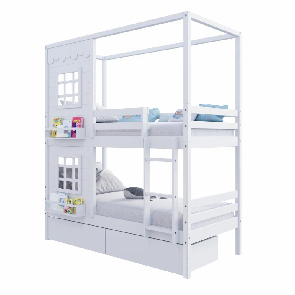 Beliche Casinha Reta Com 02 Janelas E 02 Gavetas Madeira Maciça Branco Housin - 3