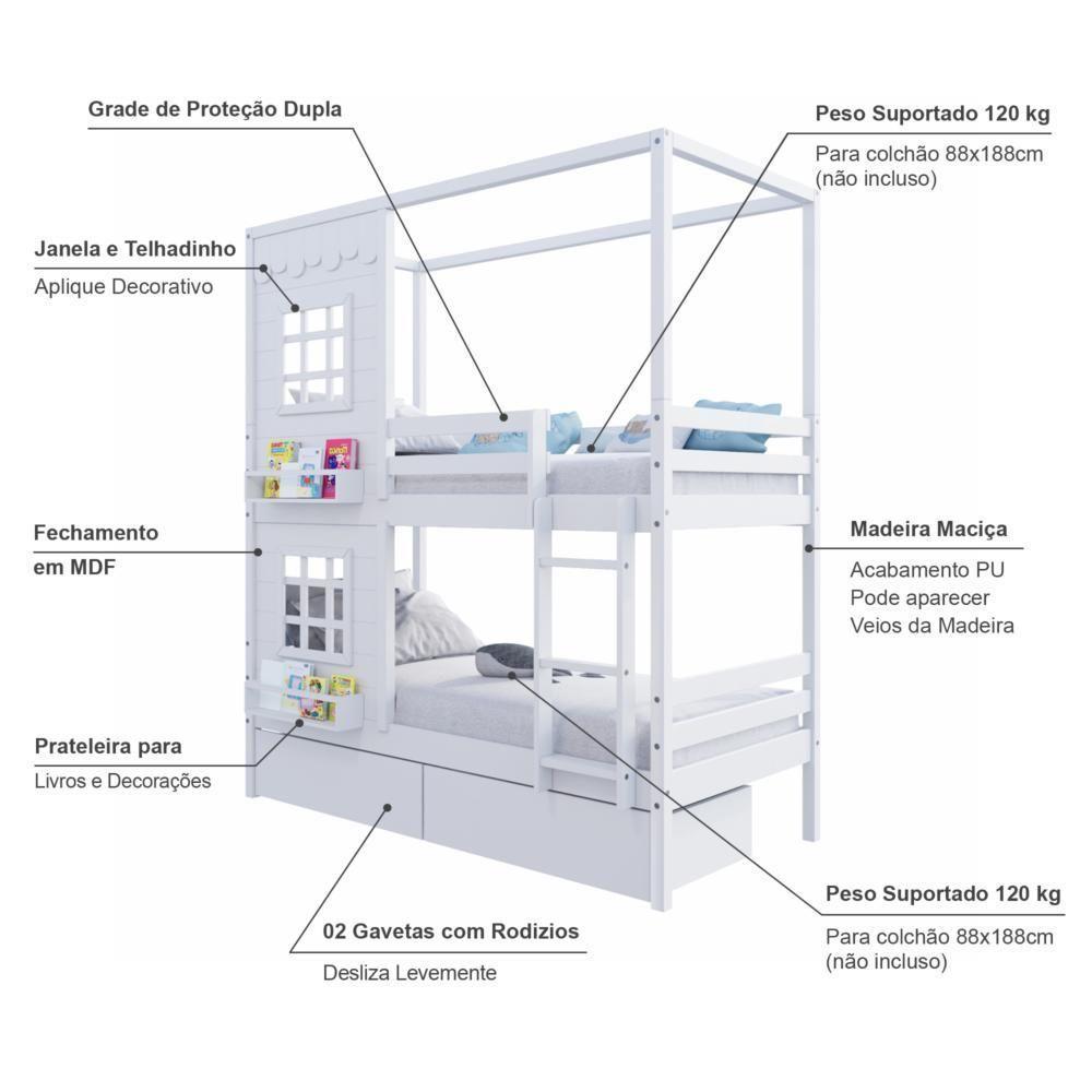 Beliche Casinha Reta Com 02 Janelas E 02 Gavetas Madeira Maciça Branco Housin - 5