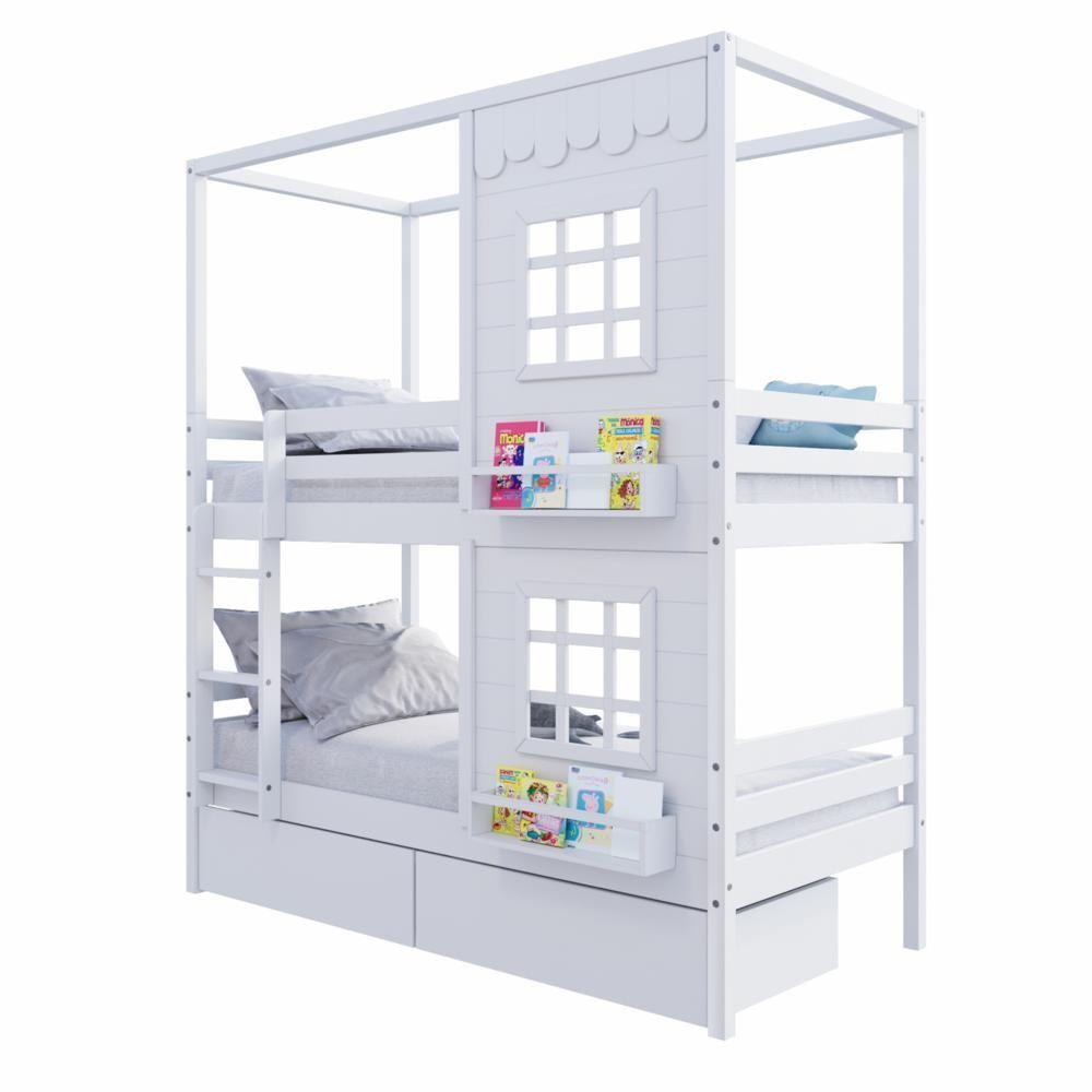 Beliche Casinha Reta Com 02 Janelas E 02 Gavetas Madeira Maciça Branco Housin - 6